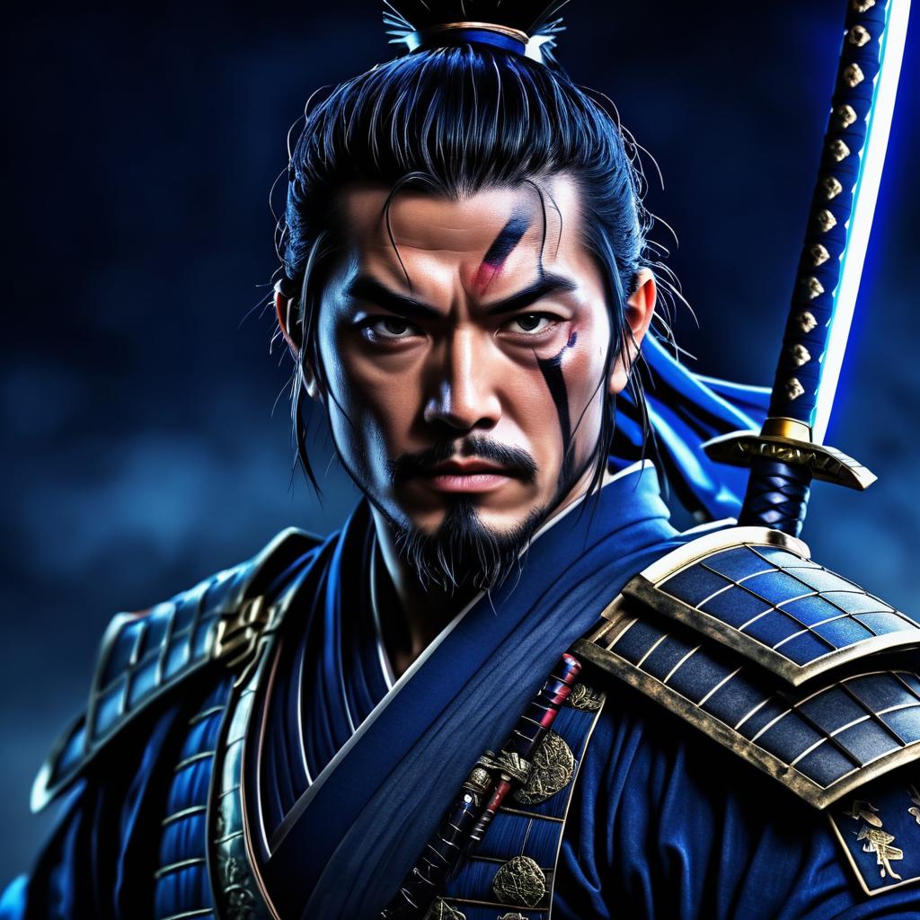 Stoic Samurai in Vibrant Navy Armor