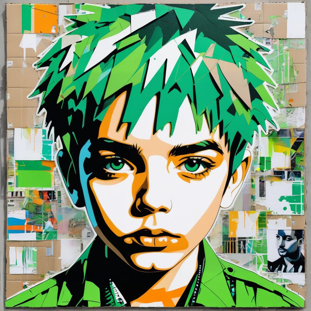 Edgy Street Art Collage of Green-Haired Boy