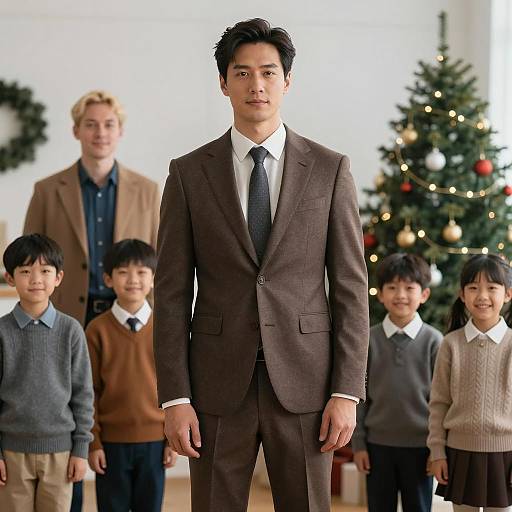 Man in Brown Suit with Group by Christmas Tree