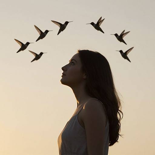 Silhouetted woman with long hair, profile view, wearing a sleeveless top, gazes upward as seven birds fly in a semi-circle against