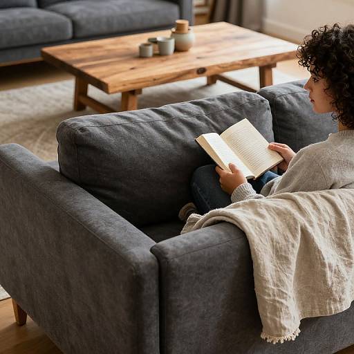 Photograph of a curly-haired woman in a white sweater, reading a book on a dark gray couch, with a wooden coffee table and gray sofa in