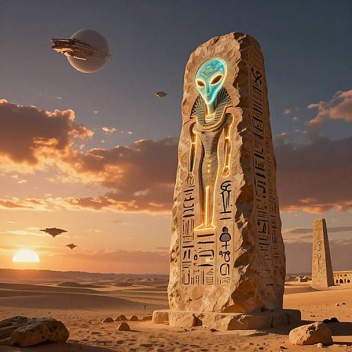 Digital artwork of an ancient desert tombstone with a glowing blue alien face, surrounded by spacecraft, sunset, and two smaller stone structures.