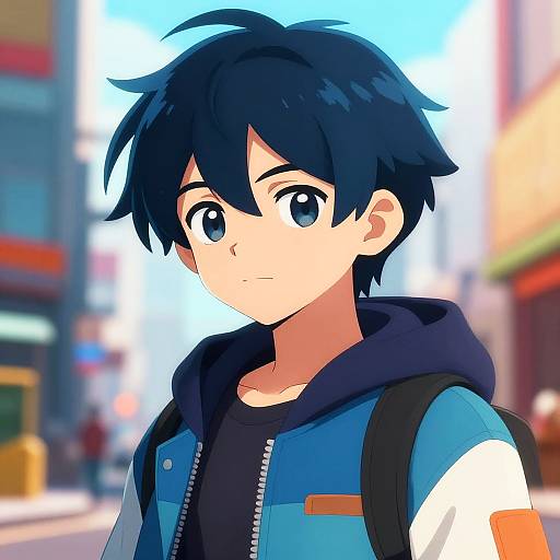 Anime-style digital drawing of a blue-haired, wide-eyed teenage boy in a blue jacket, black hoodie, and backpack, standing on a colorful, blurred