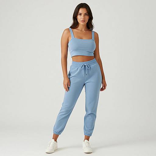 Photograph of a young woman with dark hair, wearing a light blue crop top and matching jogger pants, white sneakers, standing against a white background
