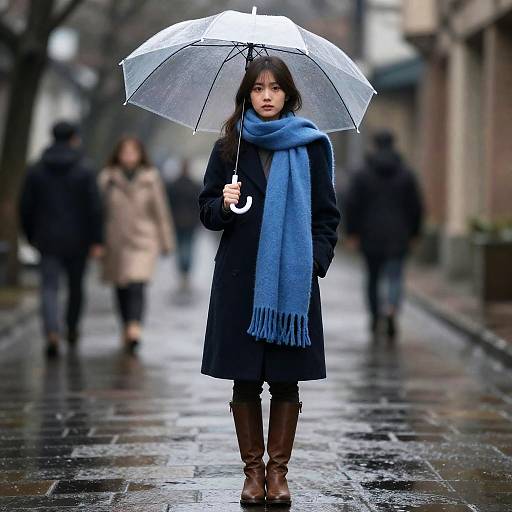 Woman with Umbrella and Blue Scarf on Rainy Street