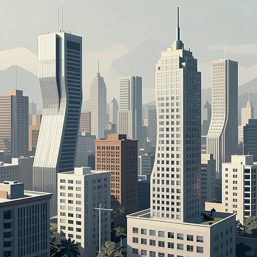 Photorealistic digital illustration of a modern cityscape with tall, varied skyscrapers in shades of white, gray, and brown, set against a