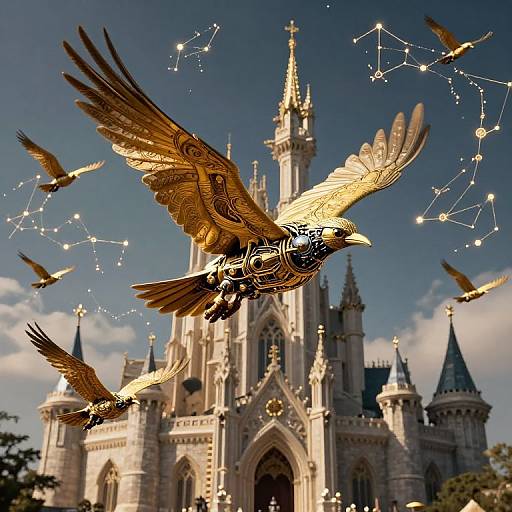 Golden Mechanical Birds Over Gothic Castle
