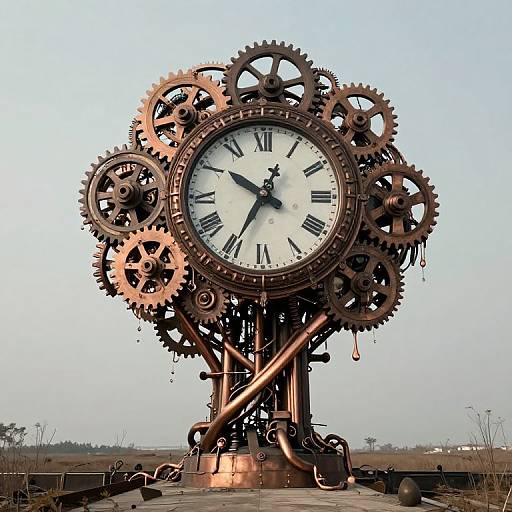 Photograph of a steampunk-style clock featuring intricate copper gears and cogs, standing outdoors on a flat, grassy landscape.