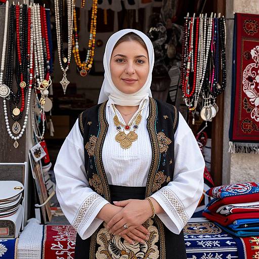 Photograph of a smiling Middle Eastern woman wearing a white headscarf, traditional black and white embroidered dress, standing in a vibrant jewelry shop with colorful
