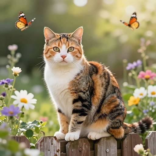 Photograph of a calico cat with green eyes, sitting on a wooden fence, surrounded by colorful flowers, with two orange butterflies fluttering nearby.
