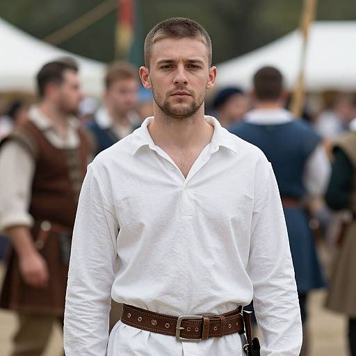 Photograph of a serious, bearded white man with short dark hair, wearing a white long-sleeved shirt and brown belt, standing in a