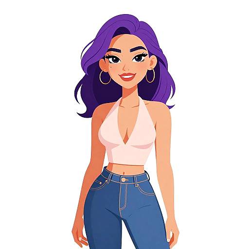 Digital drawing of a smiling woman with purple hair, wearing a white halter top and blue jeans, large hoop earrings, and confident pose.