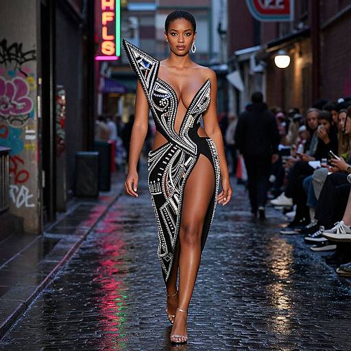 Photograph of a confident Black woman with dark skin, in a revealing black-and-white geometric dress, walking a wet urban street runway at night, surrounded