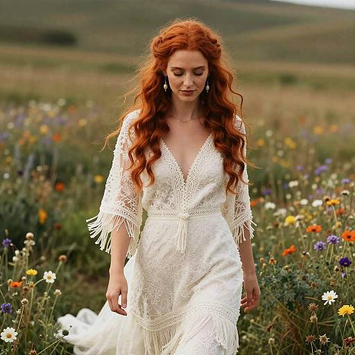 Photograph of a red-haired woman with long wavy hair in a white lace dress with fringe, walking through a colorful wildflower field under a clear