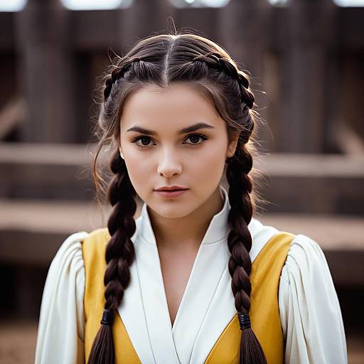 Young Woman with Twin Braids in Cosplay Costume