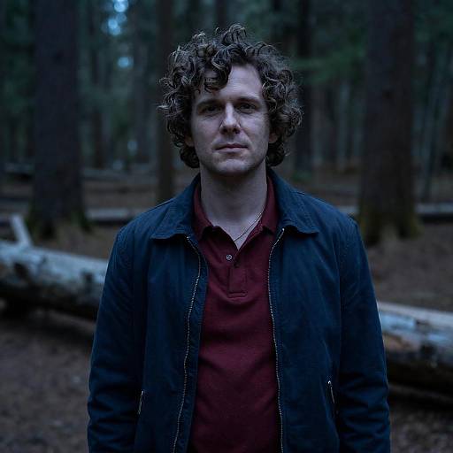 Photograph of a curly-haired man with a serious expression, wearing a dark jacket over a red shirt, standing in a dimly lit, forested