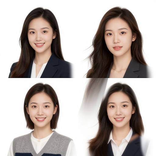 Photograph collage of four Asian women with long black hair, wearing professional attire, smiling against a white background.