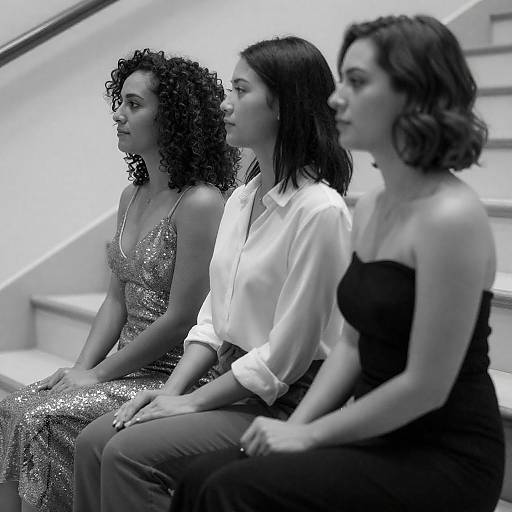 Elegant Trio: Black-and-White Stairs Portrait