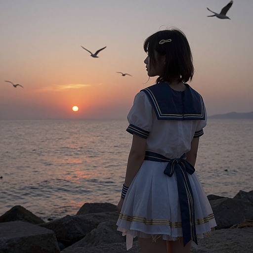 Silhouetted Japanese schoolgirl in white sailor uniform, hairclip, standing by rocky shoreline, watching sunset over calm ocean, birds flying.