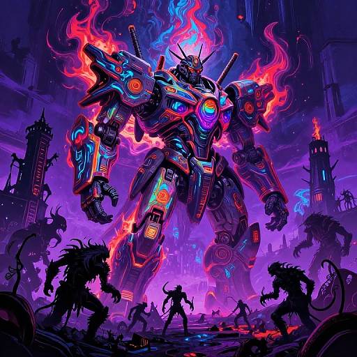 Digital artwork of a towering, neon-lit robot with fiery accents, standing over a dark, chaotic battlefield with silhouetted demons and ruined towers