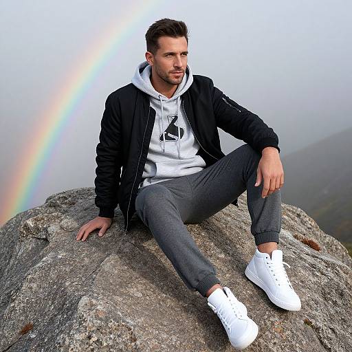 Photograph of a bearded man with short brown hair, wearing a black jacket, white hoodie, gray pants, and white sneakers, sitting on a