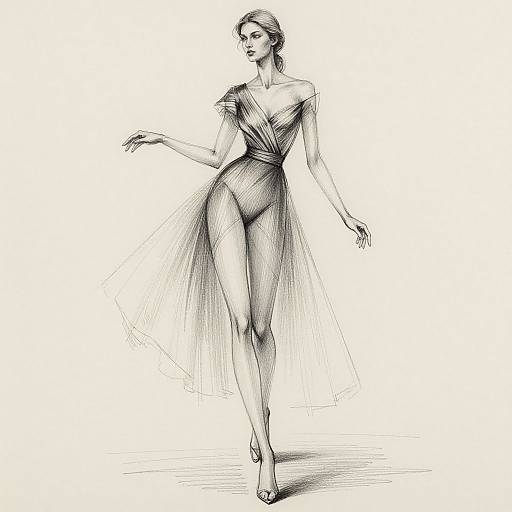 Black and white sketch of a slender, elegant woman in a one-shoulder, flowing dress, with long hair and poised stance.