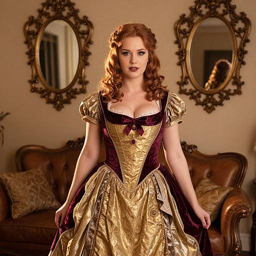 Photograph of a fair-skinned woman with curly red hair in a gold and purple Renaissance-style dress, standing in a vintage living room with ornate