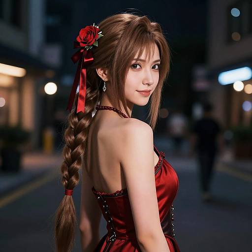 Digital illustration of a beautiful young woman with long brown braid, red flower hair accessory, red dress, and earrings, standing on a dark, blurred