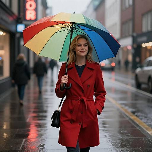 Blonde Woman with Rainbow Umbrella in Rainy Night