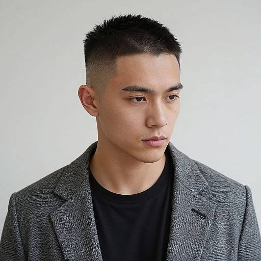 Photograph of a young Asian man with short, buzz-cut black hair, light skin, wearing a gray textured blazer over a black shirt, looking