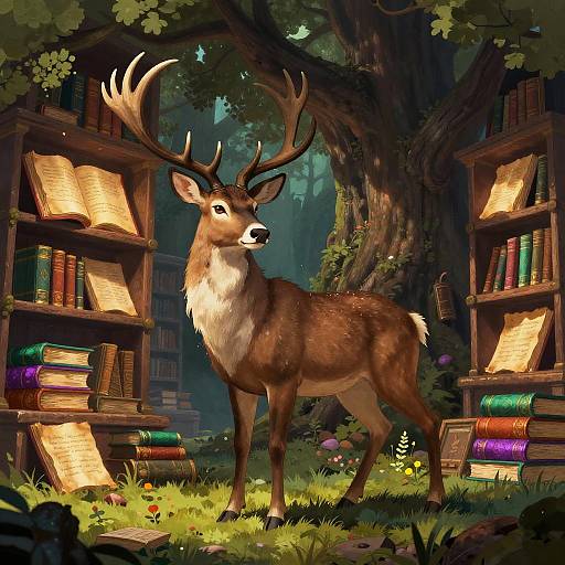 Stoic Stag Scholar in Enchanted Library