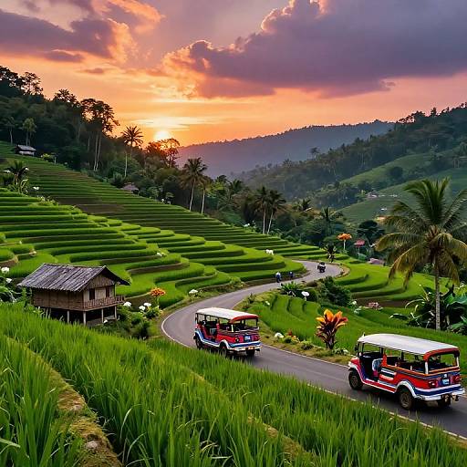 Photograph of vibrant green rice terraces at sunset, with red and white covered pickup trucks driving on a winding road, a rustic hut, and lush