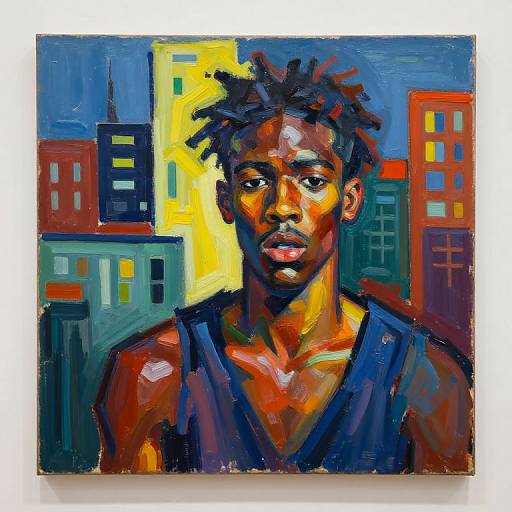 Vibrant oil painting of a dark-skinned man with dreadlocks, wearing a black tank top, set against colorful, abstract cityscape buildings.