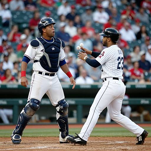 Photograph of two baseball players in white uniforms and black helmets, one in a catcher's gear, discussing on a dirt field in front of a blurred