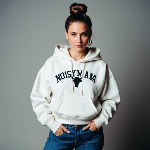Young Woman in White Hoodie with Hair Bun