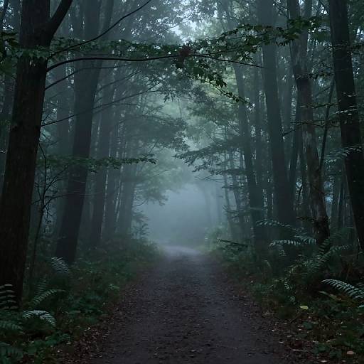 Photograph of a misty, dense forest with a dark, winding dirt path flanked by tall trees and lush ferns, fading into a fog