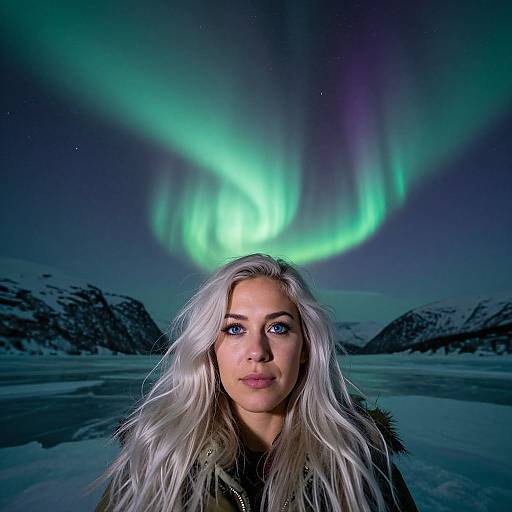 Photograph of a silver-haired woman with striking blue eyes, standing in a snowy landscape under vibrant green and purple Northern Lights.