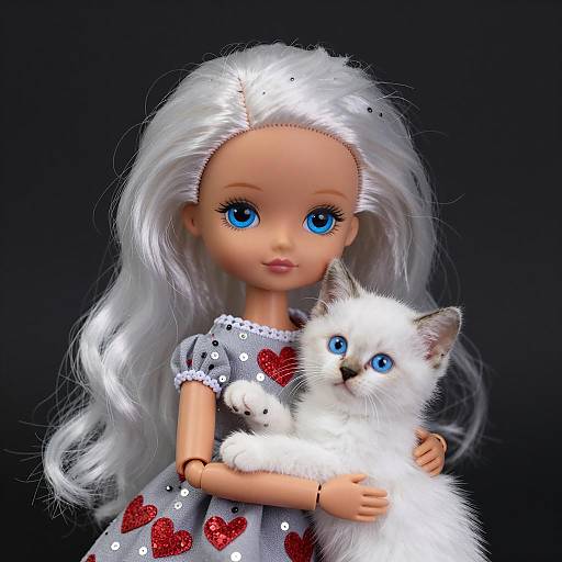 Doll Holding White Kitten with Blue Eyes