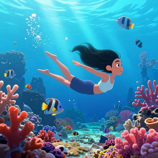 Colorful digital illustration of a young woman with long black hair, wearing a white tank top and blue shorts, swimming underwater surrounded by vibrant coral reefs and