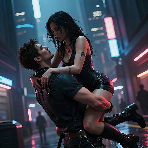 Cyberpunk alleyway scene: a muscular man in a leather jacket lifts a wet, black-dressed woman with long hair, neon lights, and