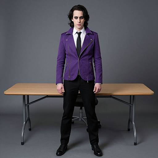 Photograph of a man with curly dark hair in a purple jacket, white shirt, black tie, and black pants, standing in front of a wooden