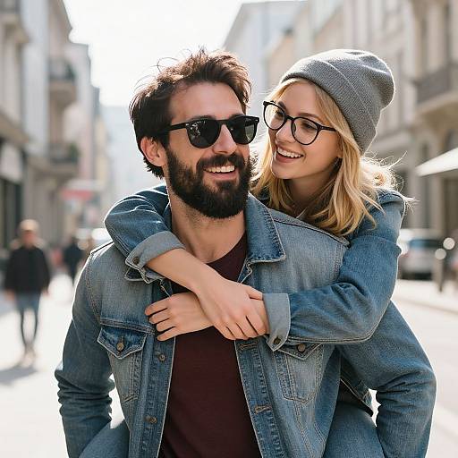 Photograph of a smiling bearded man in dark sunglasses and denim jacket, with a blonde woman in a beanie and glasses hugging him from behind