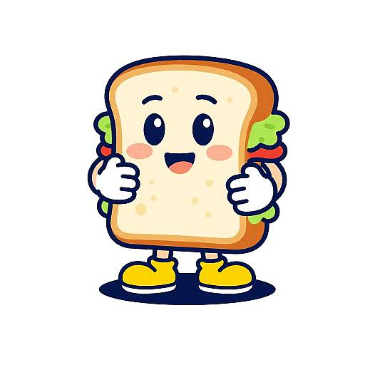 Cartoon sandwich character with orange bread, green lettuce, red tomato, white gloves, yellow shoes, and smiling expression, standing on a white background.