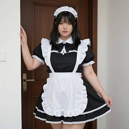 Photograph of an Asian woman with long black hair, wearing a traditional black and white French maid outfit, standing in a doorway.