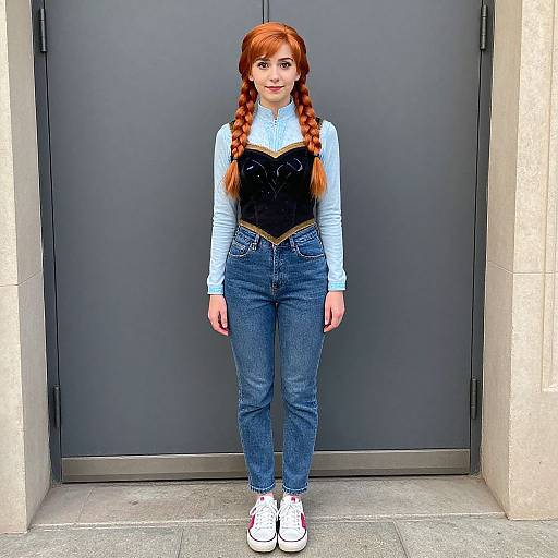 Photograph of a young woman with red braids, wearing a blue shirt, black corset, blue jeans, and white sneakers, standing in front