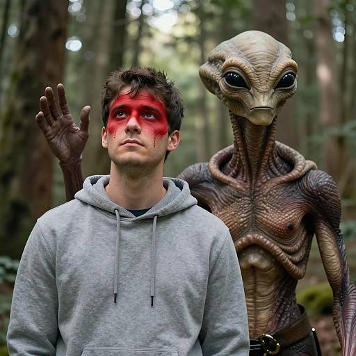 Human with Red Face Paint Standing Beside Alien in Forest