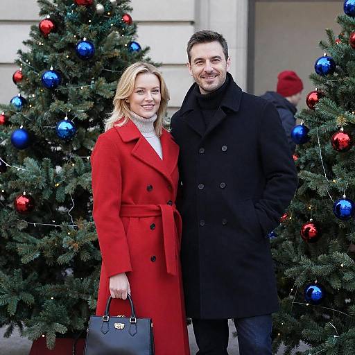 Smiling Couple by Decorated Christmas Trees