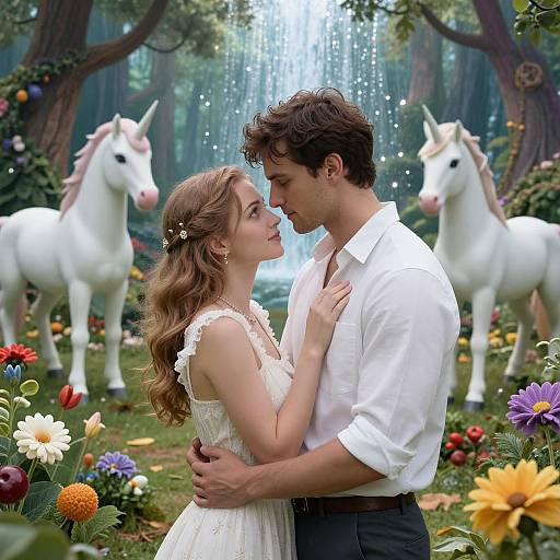 Photograph-style image of a romantic couple, man in white shirt, woman in white dress, gazing at each other in enchanted forest with white unic