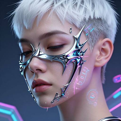 CGI portrait of a white-haired, androgynous person with cybernetic face mask glowing pink and blue neon patterns against a dark background.