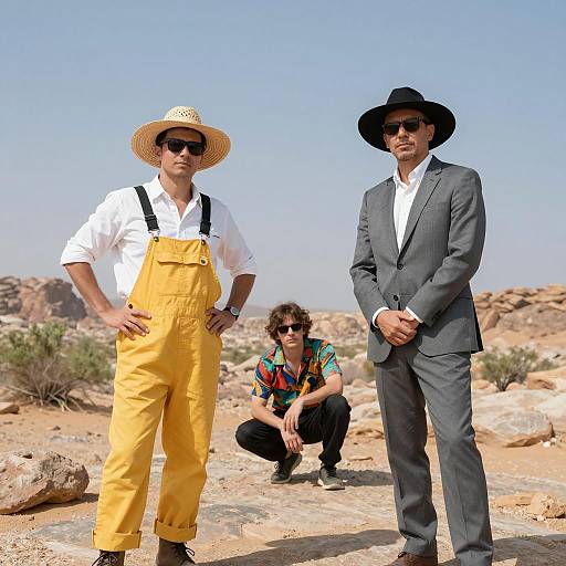 Three Stylish Men in Desert Landscape